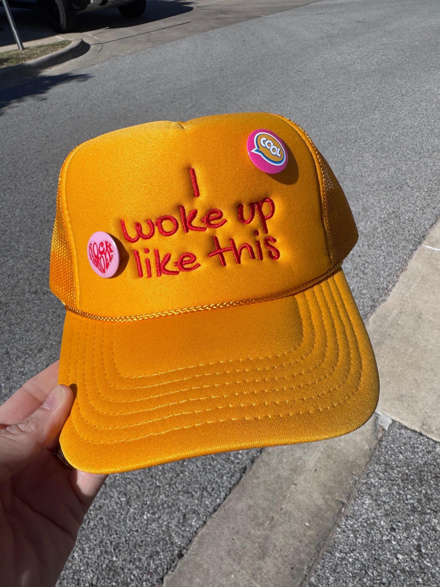 Yellow trucker hat— with pins